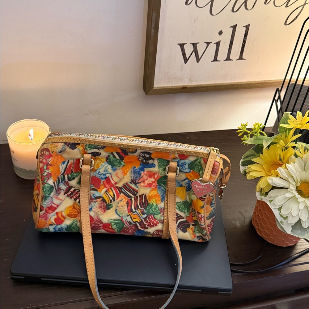 Dooney and Bourke Handbag Candy Pattern on Black Barrel Bag